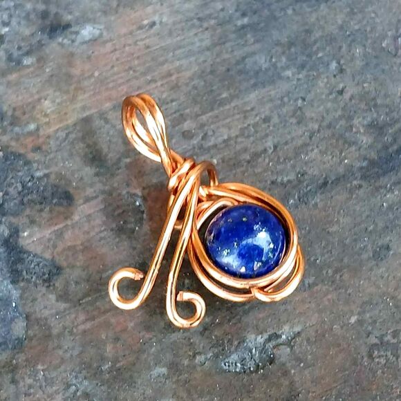 Lapis Lazuli Crystal Beaded Charm Pendant, Wire Wrapped, Copper, 8mm - Picture 1 of 3